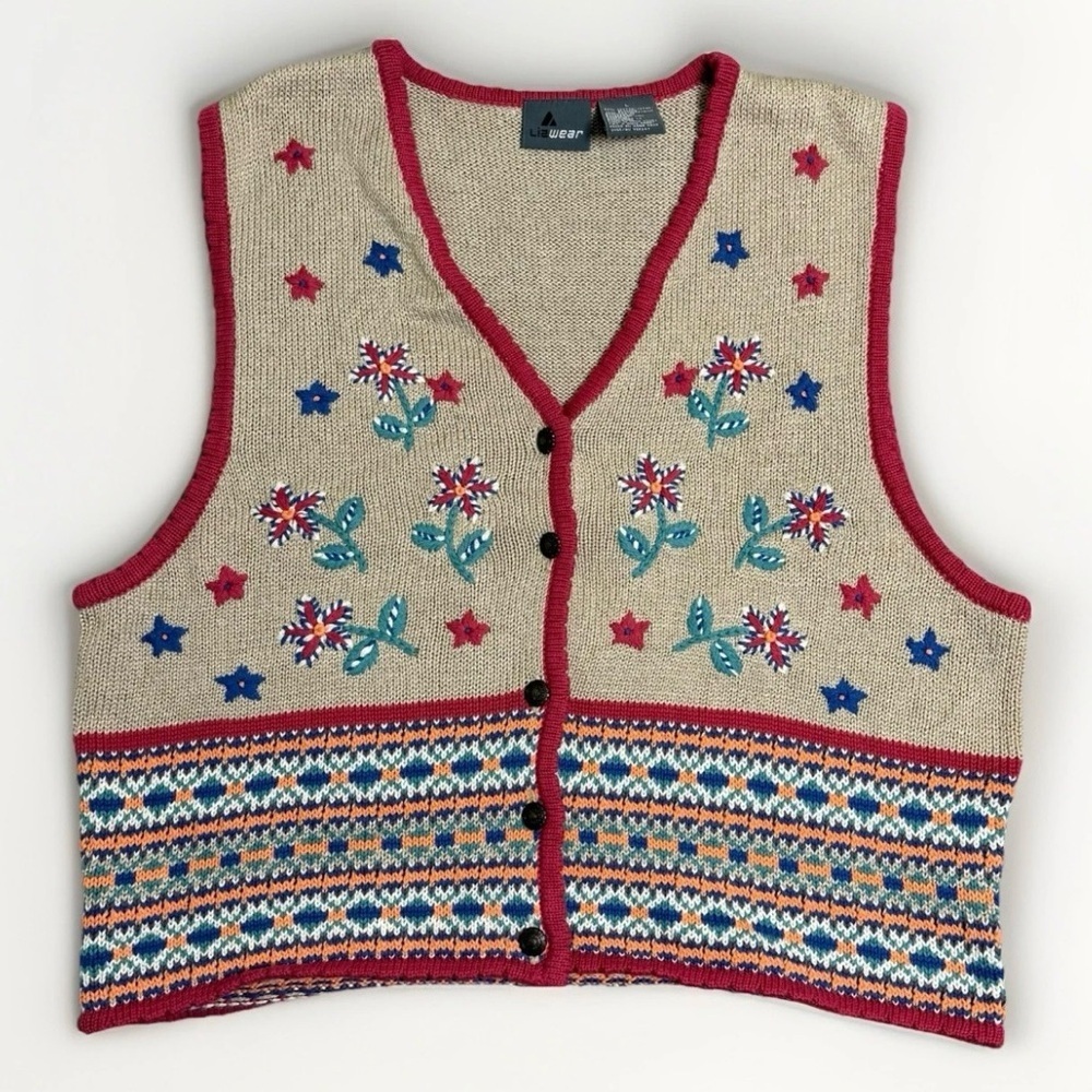 Lizwear Beige Flower Embroidered Button Sweater Vest Large 90s Cottage Boho Y2K